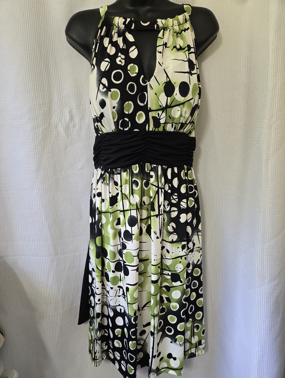Sleeveless Halter Midi Dress in Green, Black & White